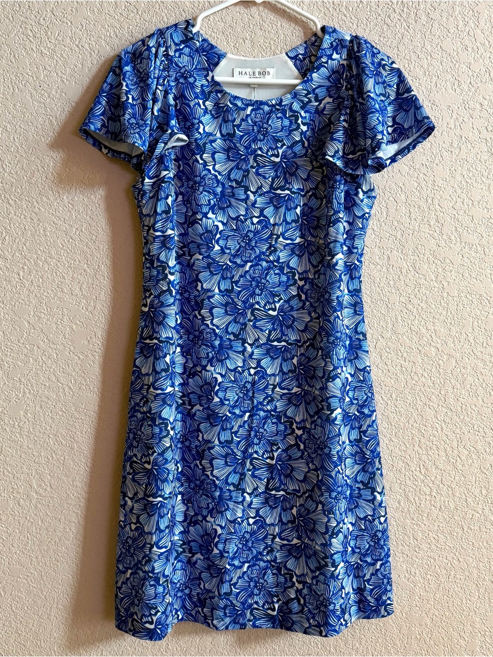 Hale Bob Larissa Jersey Dress Blue Floral Womens Size S Flutter Sleeve Feminine